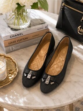 Michael Kors Black Denim Ballet Flats with Bow & Silver Lock